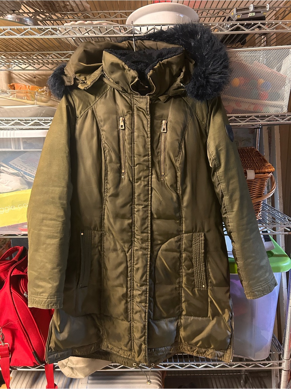 Vince Camuto Olive Green Women's Winter Parka Jacket with Faux Fur Trim - Picture 2 of 7